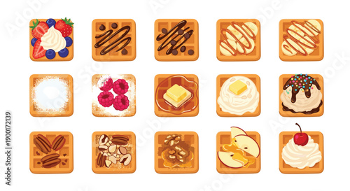 Delicious assortment of square waffles featuring various sweet toppings like fruits, chocolate, whipped cream, and nuts.