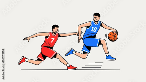 Basketball players dribbling running and reaching for the ball illustration