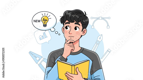 Young man thinking with new idea symbol and open book in cartoon style
