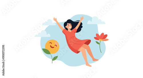 Cheerful woman floating weightlessly in a serene blue sky with fluffy clouds and blooming flowers, symbolizing freedom