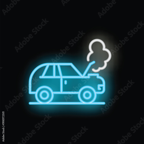Blue neon icon of a broken car with smoke coming from the open hood