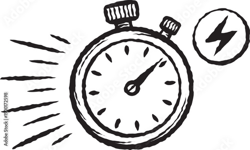 Hand drawn stopwatch doodle icon with speed lines and lightning bolt 