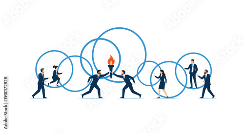 Business team collaboratively passing a flaming torch amidst interconnected blue rings, symbolizing teamwork, relay,