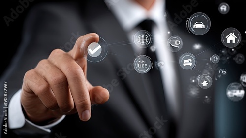 Businessman uses digital tablet to access health, home, and car insurance icons against dark background with guard protecting money