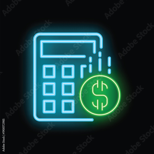 Glowing neon icon of a calculator adding up money with the dollar sign