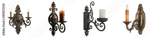 Fotografie Vintage black wrought iron wall sconce with ornate scroll design for candles (