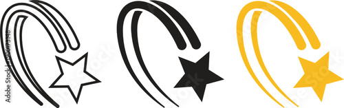 Shooting star trail icons set with yellow black and outline comet swoosh symbols for celestial celebration award success magic or galaxy design isolated on transparent background vector illustration.