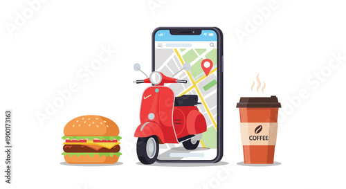 Red delivery scooter beside a smartphone with a map, a burger, and coffee, depicting modern food delivery services.