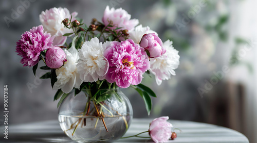 Spring card layout with bouquet of peonies, romantic floral design, airy composition, with copy space