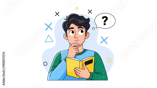 Young man thinking with question mark over book vector illustration