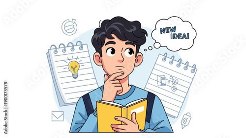 Young man thinking with idea bubble notebooks and light bulb concept