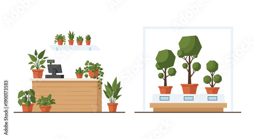 Dual illustration of modern plant shops featuring a busy counter and organized display cases with various potted green