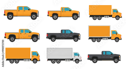 Assortment of nine different pickup trucks and box trucks in yellow and black colors, illustrating transportation