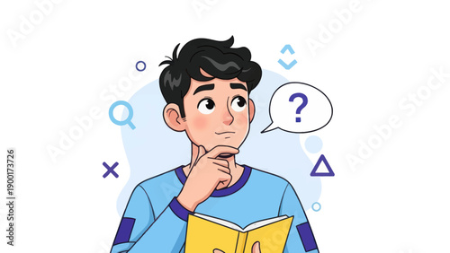 Young man thinking with question mark speech bubble illustration