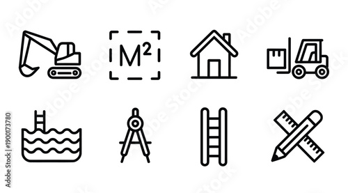Set of vector icons representing various construction and engineering tools