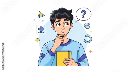 Young man thinking with question mark symbol vector illustration