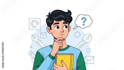 Young man thinking with question mark thought bubble and various icons