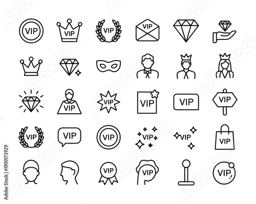 Vector image showcases a variety of vip icons and symbols in clean black and white design