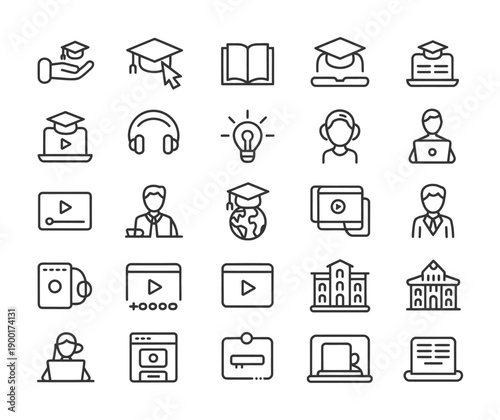 Collection of vector icons representing education and online learning tools
