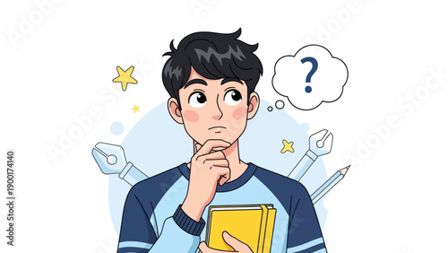 Young man thinking with question mark thought bubble illustration