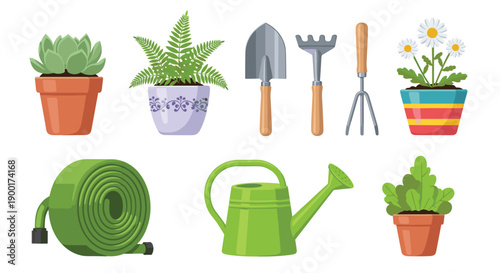 Assortment of essential gardening tools and charming potted plants, suitable for outdoor and indoor horticulture