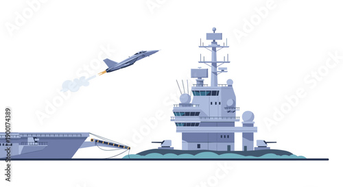 Dynamic fighter jet taking off from a massive naval aircraft carrier, leaving a smoke trail above the blue ocean waves.