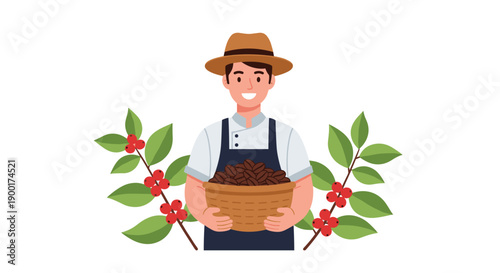 Smiling male coffee farmer holding a basket of roasted beans, surrounded by vibrant coffee plants with red berries.