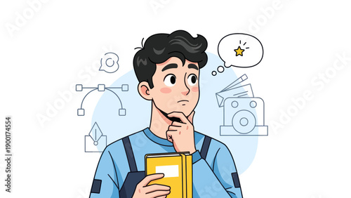 Young man thinking with thought bubble and creative tools illustration