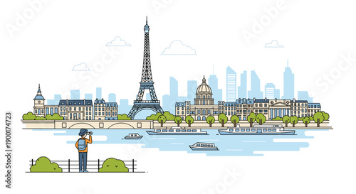 Tourist viewing the iconic Eiffel Tower and Parisian cityscape from the riverbank with boats on the water.