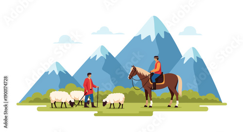 Two shepherds with sheep and a horse in a serene green mountain landscape under a bright blue sky.