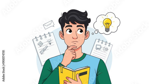 Young man thinking with light bulb idea symbol and paper notes