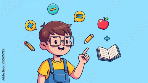 Young man thinking with thought bubble and surrounding icons concept illustration