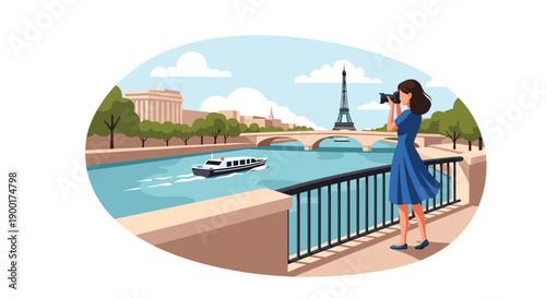 Elegant woman photographing the picturesque Eiffel Tower and Parisian river scene from a balcony overlooking the water.