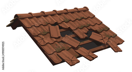 Severely damaged and weathered tile roof with multiple broken and missing sections, indicating urgent structural