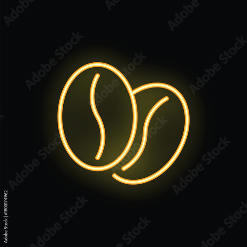 Yellow neon sign showing two coffee beans is glowing on black background