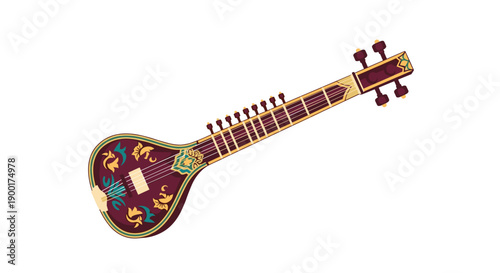 Ornate Indian sitar with intricate golden and teal patterns, featuring a long neck and multiple tuning pegs on a clear