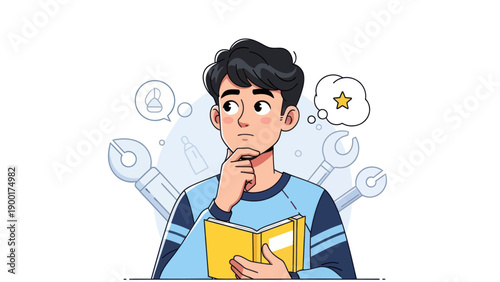 Young man thinking with thought bubble book and tools isolated on white