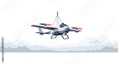 Advanced photography drone with four propellers flying through atmospheric grey clouds, suspended by a thin line.