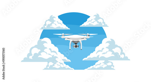 Sleek white photography drone soaring against a bright blue sky, surrounded by fluffy white cumulus clouds.