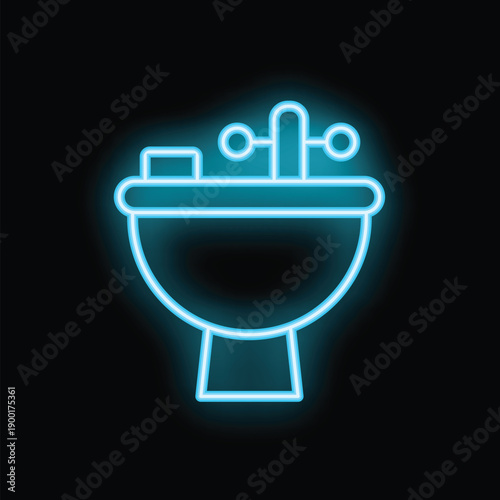 Blue neon sign of bathroom sink with running water and soap, glowing on black background