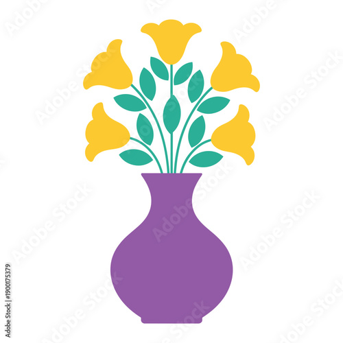 Vibrant purple vase with bright yellow flowers and green leaves