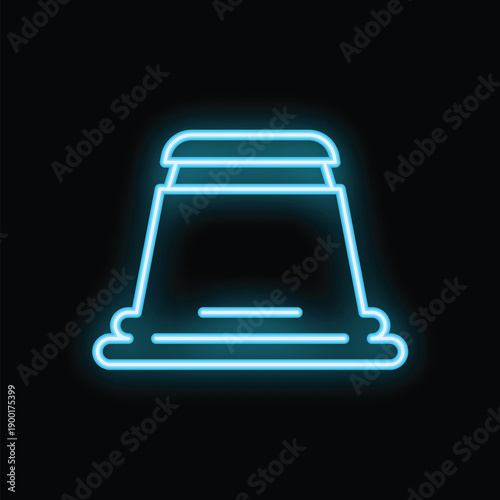 Minimalist blue neon sign showing a thimble on a black background, sewing concept