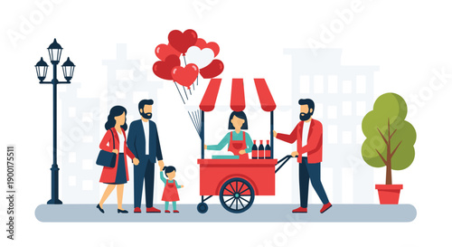 Family strolling past a street vendor with heart-shaped balloons and bottles from a cheerful red cart in the city.