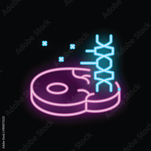Neon icon representing cultured meat with a dna strand being injected into a piece of meat