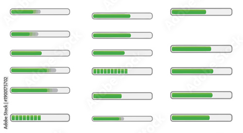 Collection of multiple green progress bars displaying various loading states and completion levels for digital
