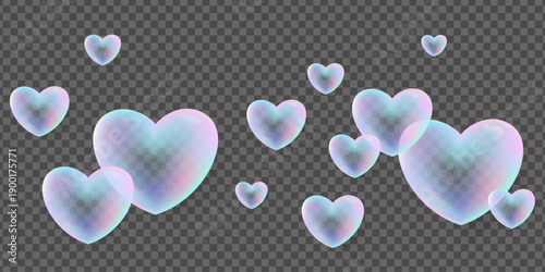 3D vector flying holographic hearts soap bubbles on isolated background, iridescent mesh gradient wide banner with light refraction prism effect and rainbow glow.