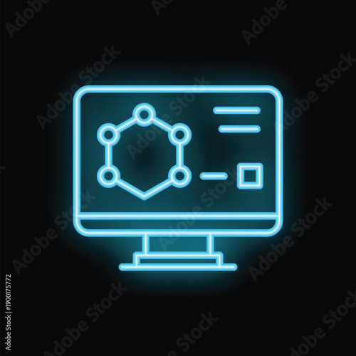 Neon blue icon depicting a computer monitor displaying a molecular structure, suggesting scientific research and analysis