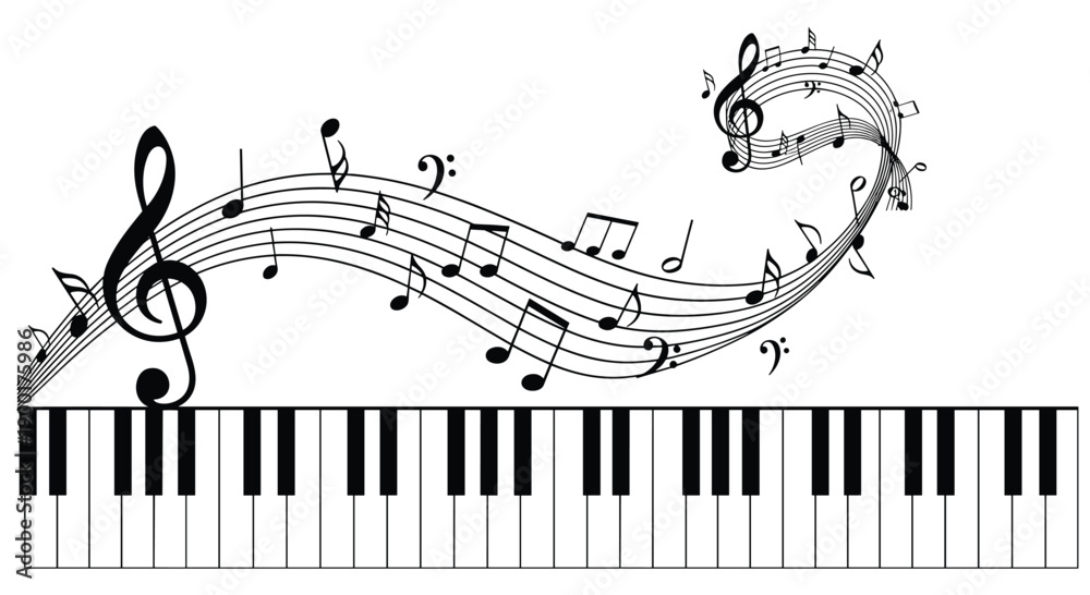 Obraz premium Elegant piano keyboard with musical notes, clefs, and symbols swirling gracefully above, representing harmonious