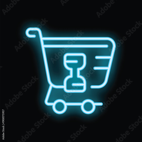 Neon blue shopping cart icon glowing on black background representing online fitness shopping