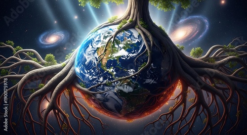 Mystical Earth A Cosmic Trees Roots Embrace Our Planet Revealing Universal Connection and Wonder.